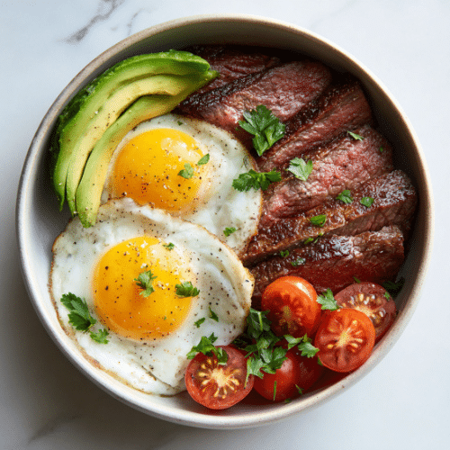Steak and Eggs Power Bowl with Avocado & Cherry Tomatoes