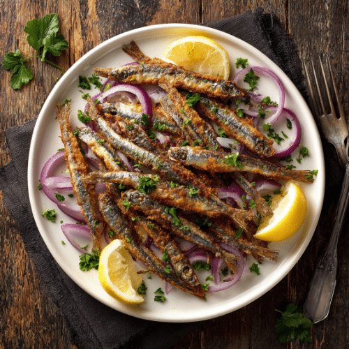 Crispy Fried Anchovies with Lemon & Red Onion