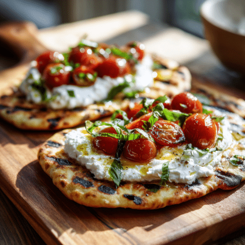 Grilled Flatbread with Whipped Feta, Cherry Tomatoes & Basil