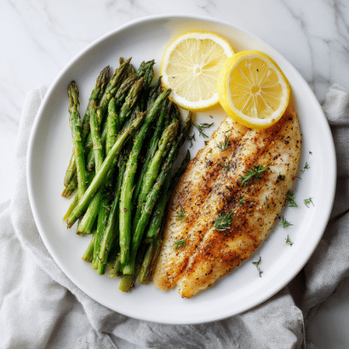 Pan-Seared Tilapia with Garlic Asparagus and Lemon