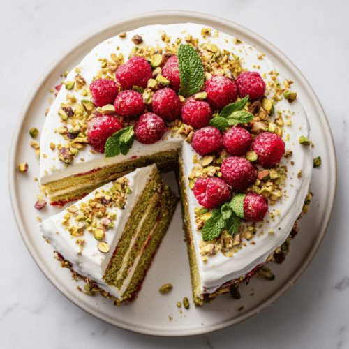 Pistachio Raspberry Layer Cake with Whipped Cream Frosting