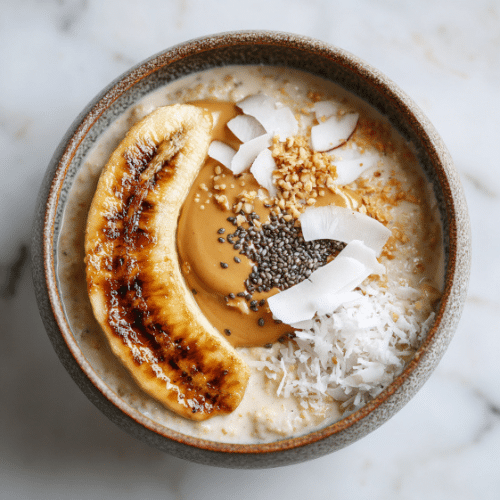 Toasted Coconut Oatmeal with Caramelized Banana & Peanut Butter