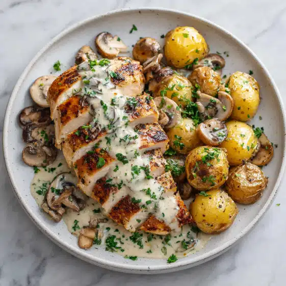 Garlic Herb Chicken with Creamy Mushroom Sauce and Roasted Baby Potatoes