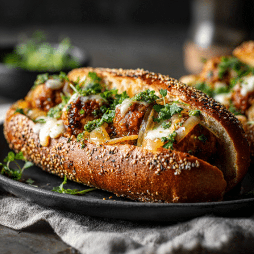 Baked Vegan Meatball Sub with Caramelized Onions and Pesto