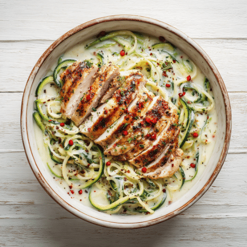 Creamy Garlic Zoodles with Grilled Chicken