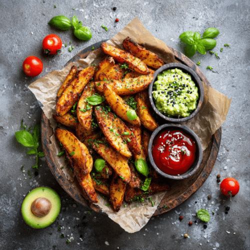 Crispy Baked Potato Wedges with Guacamole & Ketchup