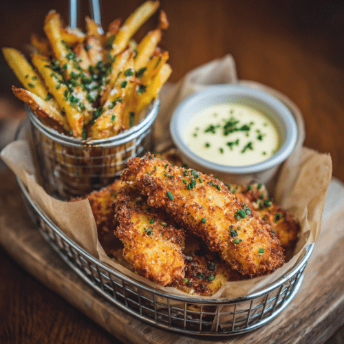 Crispy Parmesan Chicken Tenders with Herbed Fries & Garlic Aioli