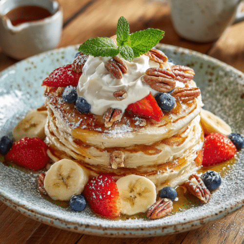 Fluffy Pancakes with Fresh Berries, Banana & Maple Yogurt Cream