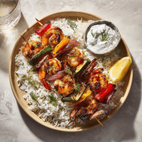 Grilled Shrimp Skewers with Lemon Herb Rice