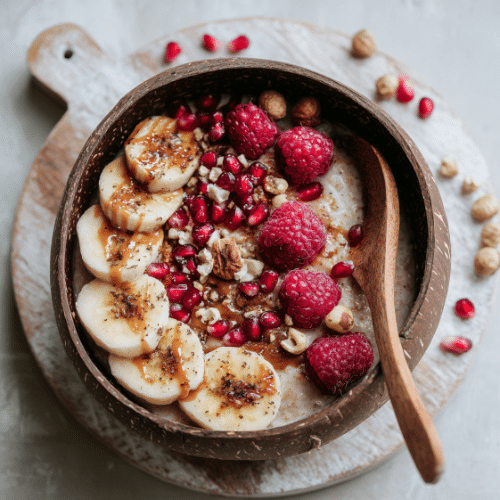 Caramelized Banana & Raspberry Oatmeal Bowl