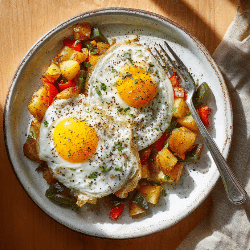 Sunny-Side Eggs with Crispy Potato & Pepper Hash