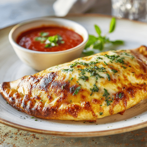 Cheesy Garlic Calzone with Marinara Dip