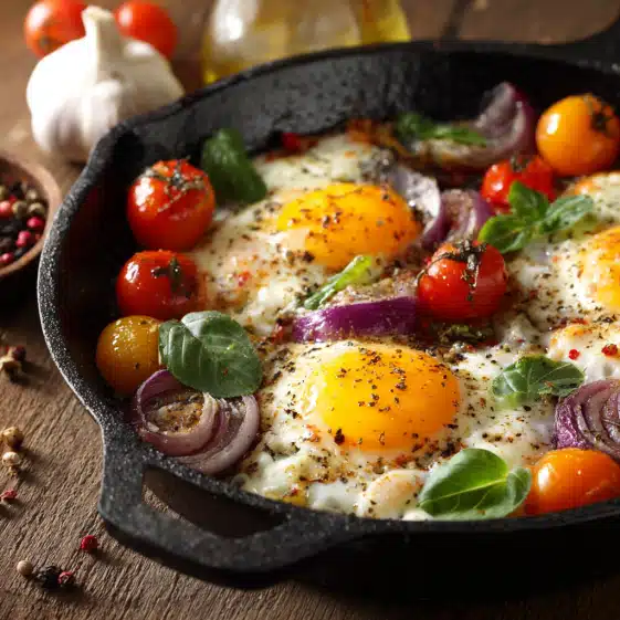 Skillet Eggs with Cherry Tomatoes & Basil