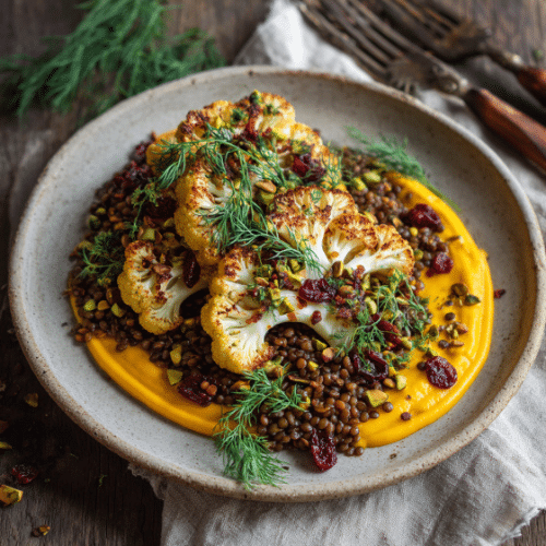 Roasted Cauliflower with Lentils and Carrot Ginger Purée
