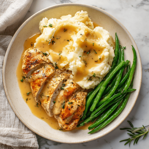 Garlic Herb Chicken with Mashed Potatoes & Green Beans