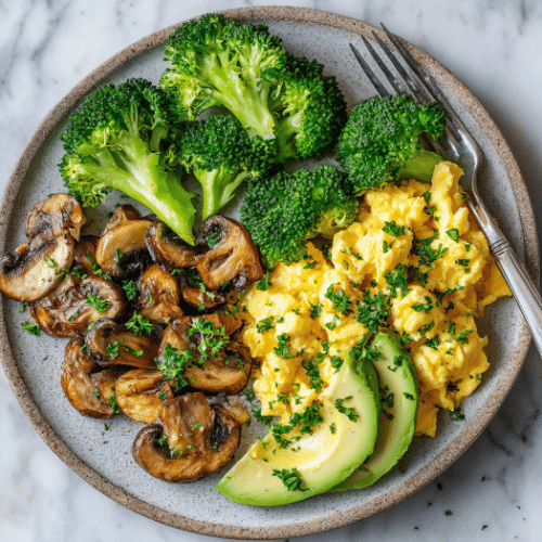 Savory Scrambled Eggs with Avocado, Broccoli & Sautéed Mushrooms