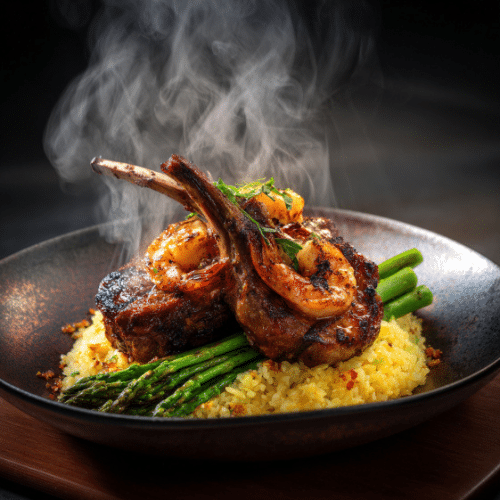 Surf and Turf: Grilled Lamb Chop with Shrimp, Asparagus & Saffron Rice