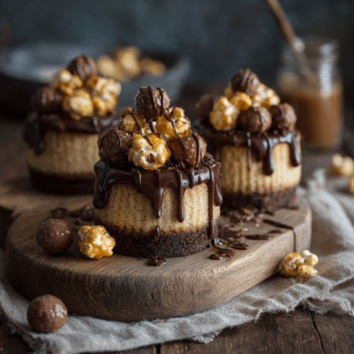 Mini Caramel Popcorn Chocolate Cheesecakes