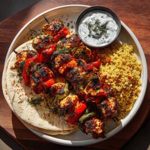 Spicy Chicken Skewers with Herbed Yogurt & Bulgur Pilaf