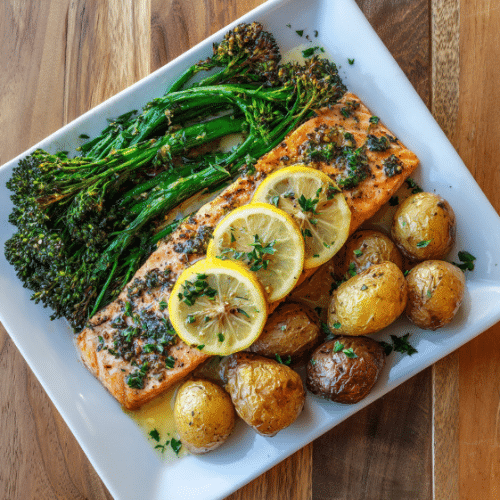 Garlic Herb Butter Salmon with Roasted Potatoes & Broccolini