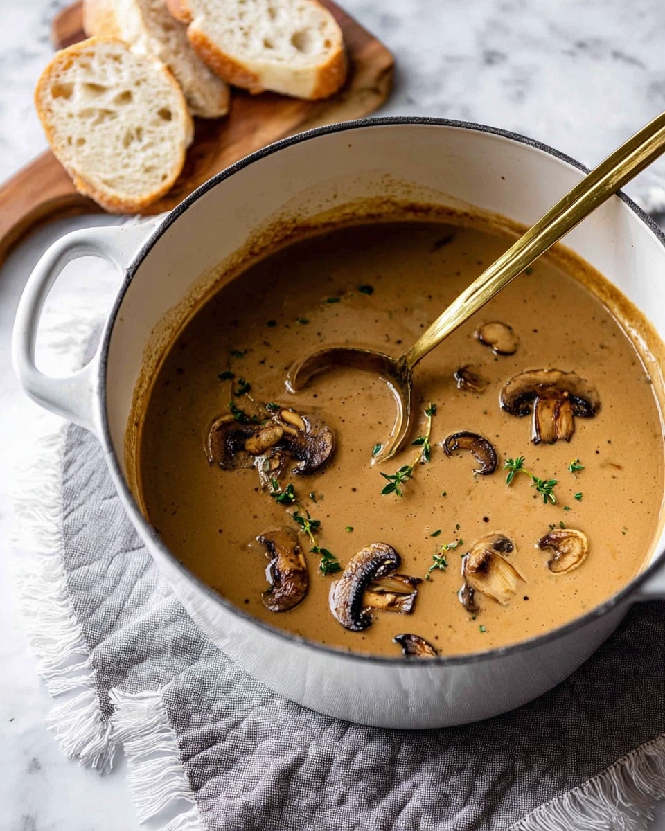 The image shows a bowl of creamy mushroom soup with three visible layers: a base layer of smooth, light brown creamy soup; a middle layer of tender, sliced dark brown mushrooms partially immersed in the soup; and a top layer decorated with roasted golden-brown garlic slices and small green herb sprigs scattered across the surface. The soup is served in a speckled beige bowl placed on a white marbled surface, with a soft grey cloth partially in the background and a silver spoon resting on the edge of the bowl. A sprig of fresh rosemary lies near the bowl on the white marbled surface. Photo taken with an iphone --ar 4:5 --v 7