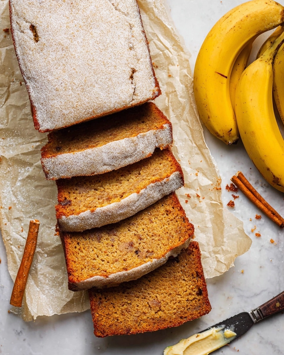 A loaf of banana bread sliced into six pieces, five slices stacked neatly on each other showing a light beige outer crust dusted with powdered sugar, and one slice placed flat on crinkled white parchment paper revealing a moist, dense, golden brown interior with small darker brown spots spread throughout. To the right of the slices, a small bunch of ripe yellow bananas with some brown spots is visible. A butter knife with some crumbs and a smear of butter lays near the bottom right corner. Cinnamon sticks are placed near the top left corner on a white marbled surface. photo taken with an iphone --ar 4:5 --v 7