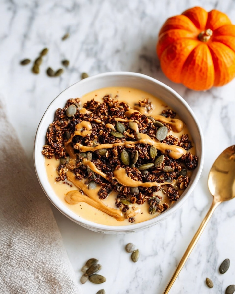 A white bowl with a gold rim filled with a creamy beige mixture topped with small clusters of crumbled granola and scattered green pumpkin seeds. A woman's hand holds a gold spoon lifting a spoonful of the creamy mixture and granola from the bowl. In the background, there is a small bright orange pumpkin sitting on a white marbled surface with some pumpkin seeds scattered around. photo taken with an iphone --ar 4:5 --v 7