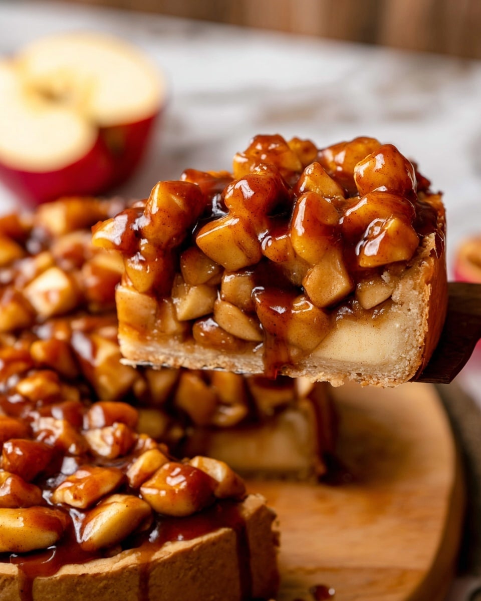 The image shows a close-up of a thick apple pie with two visible layers. The bottom layer is a golden-brown crust with a firm texture. The middle layer is filled with cooked apple pieces that are a light golden color. The top layer is a generous pile of glossy, caramelized apple chunks coated in a shiny dark brown sauce with hints of cinnamon, giving a rich and sticky look. The pie is placed on a wooden board with a woman’s hand holding a slice, and an out-of-focus halved apple is in the background on a white marbled surface. photo taken with an iphone --ar 4:5 --v 7