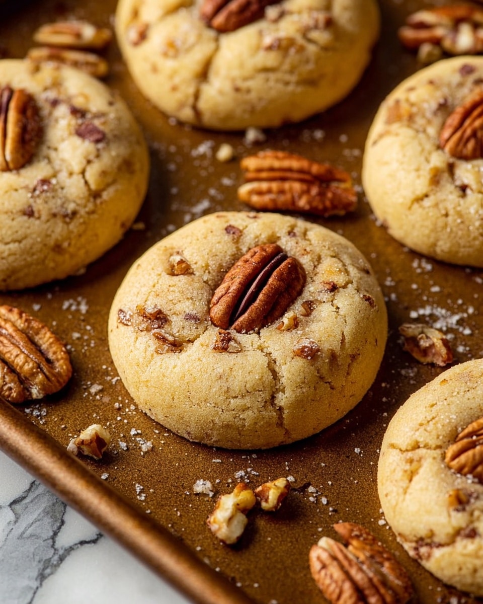 The image shows several round, golden-brown cookies with a slightly cracked surface, each topped with chopped nuts and a single whole pecan in the center. One cookie is broken in half, showing a soft and dense texture inside, while the others remain whole. The cookies are arranged closely on a warm brown baking sheet with visible baked marks and stains, enhancing the rustic and fresh-baked look. Photo taken with an iphone --ar 4:5 --v 7