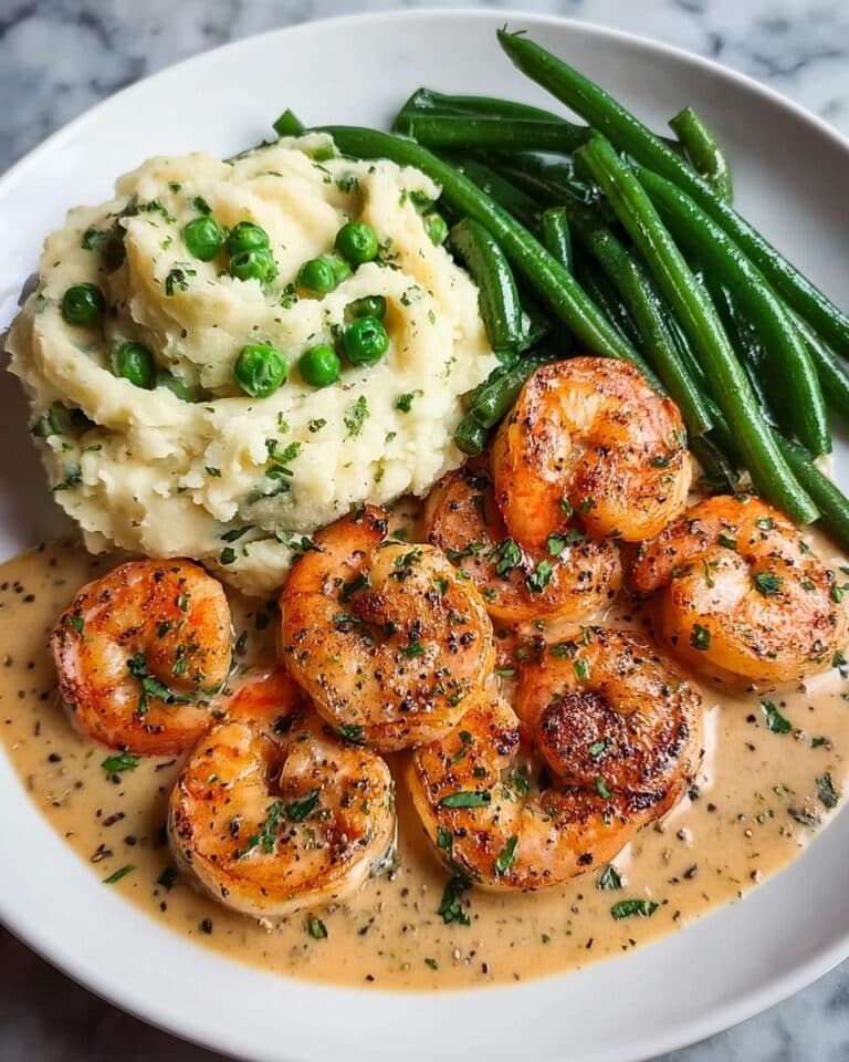 Cajun Shrimp and Salmon with Garlic Cream Sauce, Mashed Potatoes, and Green Beans Recipe
