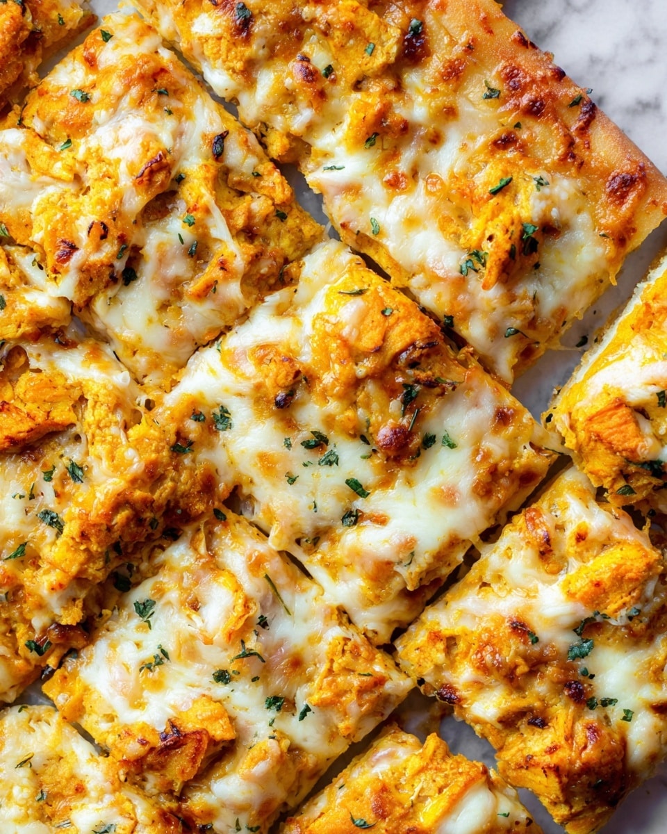 The image shows a close-up of a pizza sliced into square pieces. It has two main layers: a golden-brown crust on the bottom, and a thick top layer of melted white cheese mixed with chunks of bright orange-yellow cooked topping. Small green herb sprinkles are scattered on top, adding color contrast. The cheese is slightly browned and bubbly in places, creating a textured look with soft, melted areas and more solid golden spots. The pieces are tightly packed together on a white marbled surface. photo taken with an iphone --ar 4:5 --v 7