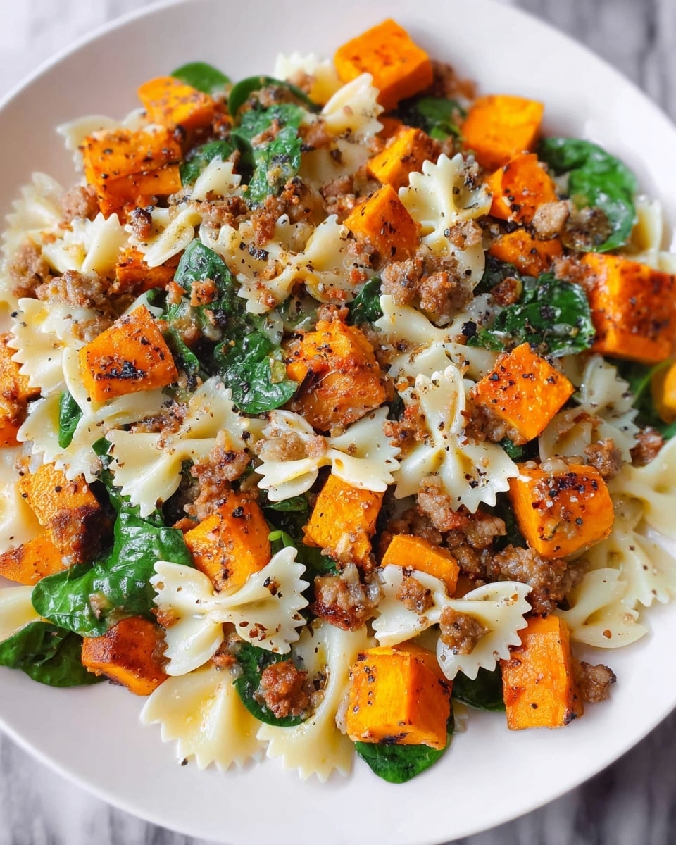 A large silver pan filled with a creamy pasta dish that has three distinct sections on top: one with small, browned sausage crumbles on the left, another with bright orange roasted cubed vegetables on the right, and wilted dark green spinach leaves spread throughout. The pasta is light yellow with a soft texture and appears to be coated in a creamy white sauce, sprinkled with black pepper all over. The pan is placed on a white marbled surface. photo taken with an iphone --ar 4:5 --v 7
