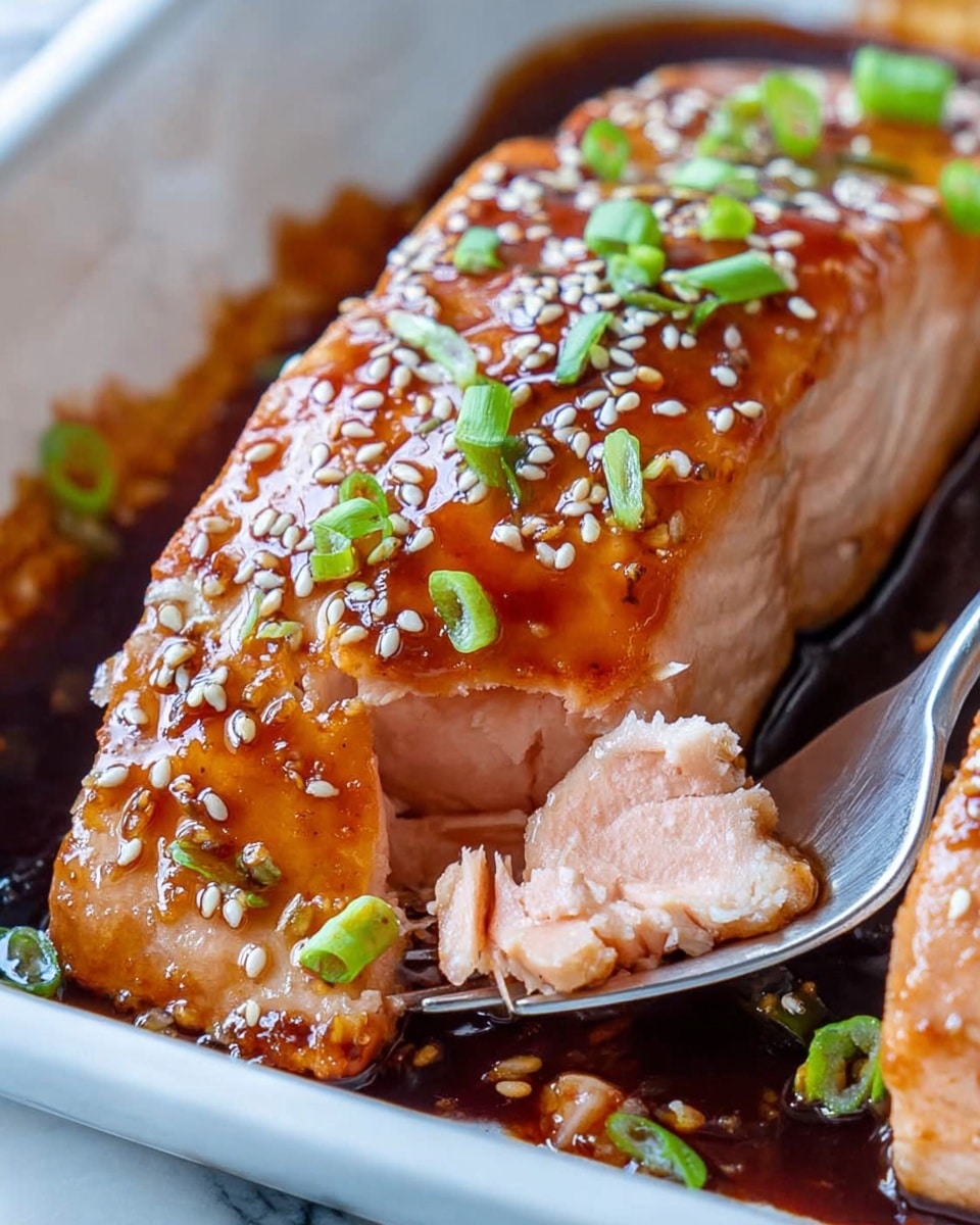 A close-up view of a piece of cooked salmon with a shiny brown glaze on top, sprinkled with light tan sesame seeds and small green onion rings. The salmon is thick, showing a soft, light pink inside layer under the glazed outer layer. It is placed in a white dish with some dark sauce pooled around the edges. A silver fork holds a small cut piece of the salmon, partially lifting it from the dish, and the dish sits on a white marbled surface. photo taken with an iphone --ar 4:5 --v 7