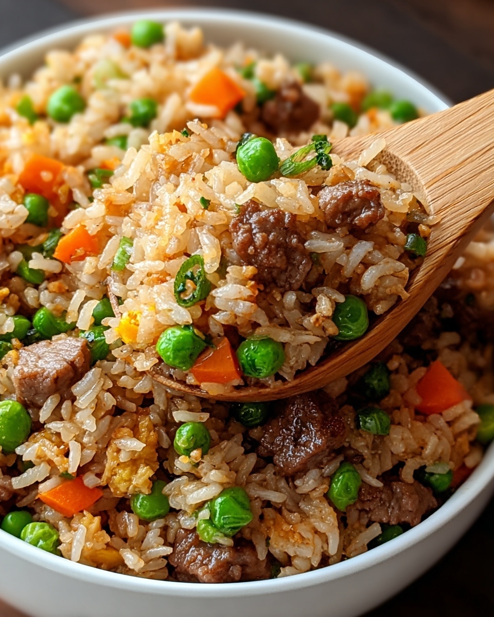 A black bowl filled with fried rice showing three main layers: the base layer is light brown rice mixed with small pieces of cooked onion and small chunks of bright orange carrot, the middle layer has small dark brown beef pieces scattered evenly, and the top layer is dotted with shiny bright green peas. A metal fork is partially visible on the right side of the bowl. The bowl sits on a white marbled surface with a blurred green background. photo taken with an iphone --ar 4:5 --v 7
