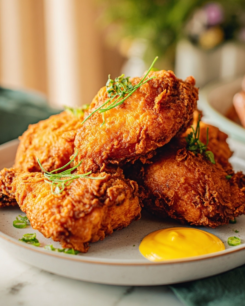 A white plate holds a stack of five crispy fried chicken pieces with golden-brown crunchy skin and visible textured ridges. The chicken pieces are layered unevenly, some resting on top of others, with green chopped herbs sprinkled over them, adding bright green color. On the right side of the plate, there is a small dollop of smooth yellow sauce. The plate sits on a white marbled surface, and the background is softly blurred with warm colors, suggesting a cozy atmosphere. photo taken with an iphone --ar 4:5 --v 7