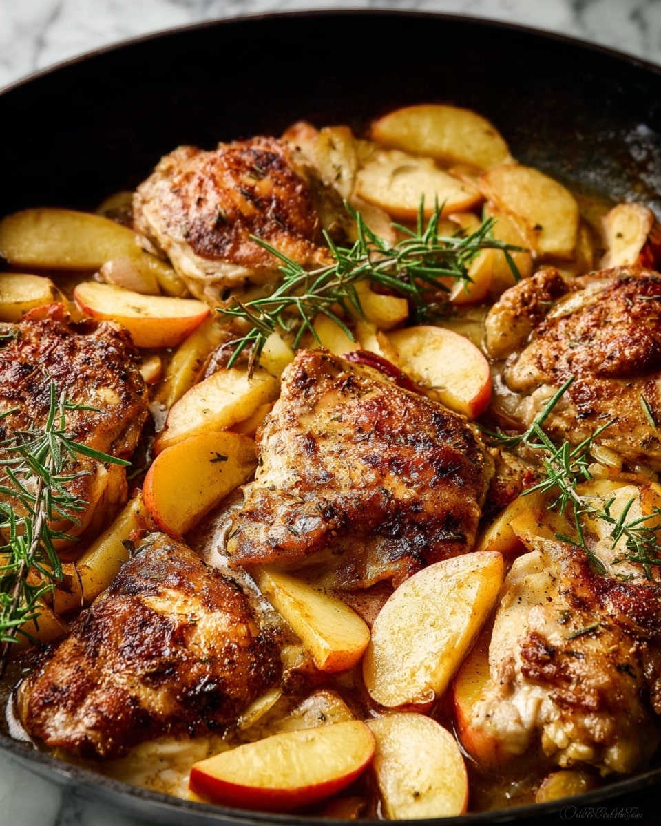 A black cast iron pan holds several browned, seasoned pieces of cooked chicken, each layered with golden brown slices of cooked apple scattered on top and between the chicken pieces, giving a warm contrast. The apples have both red and yellow skin showing, and some of the chicken pieces have a light sprinkle of herbs. The pan sits on a white marbled surface with two whole apples, one red and one green, placed near the bottom edge, and a bowl of green beans on the left side. A colorful, patterned cloth peeks from the upper right corner. Photo taken with an iphone --ar 4:5 --v 7