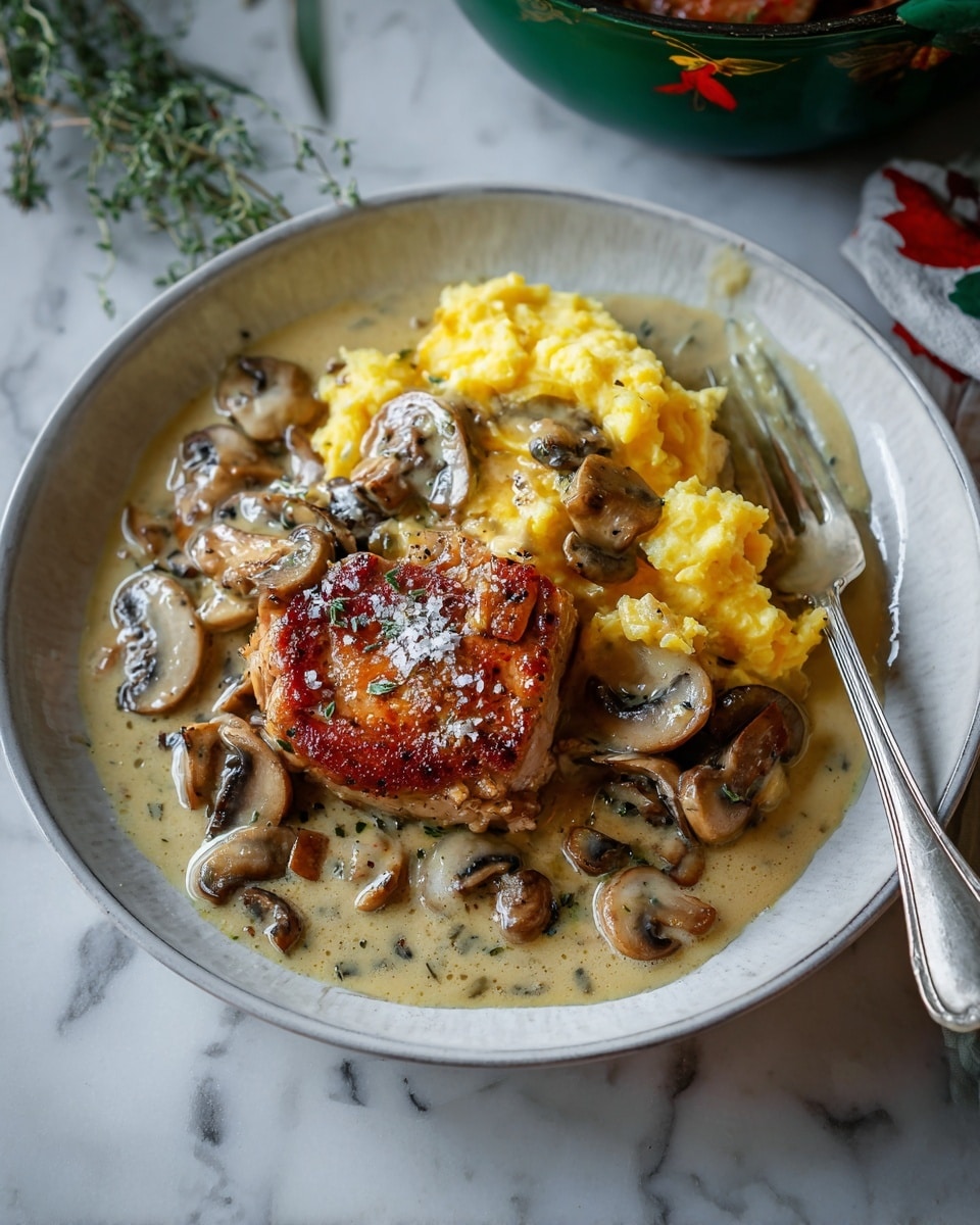 A large white pot filled with a creamy light brown sauce that has herbs mixed throughout. Inside the sauce are several browned pieces of chicken with a crispy texture, showing shades of orange and golden brown. Along with the chicken, there are dark brown mushroom slices and yellow round potato pieces scattered evenly, partially submerged in the thick sauce. The pot sits on a white marbled surface with a green cloth nearby and some green leaves in the corner. Photo taken with an iphone --ar 4:5 --v 7
