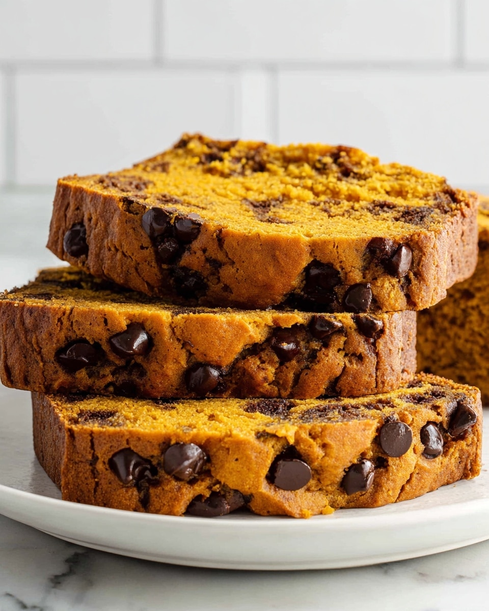 A white plate holds four thick slices of pumpkin loaf with chocolate chips. The loaf has a warm orange color with a soft texture and is dotted with dark chocolate chips on the top and sides. The slices are stacked close together on a white marbled surface, showing a dense, moist crumb with chocolate swirls inside. The background is made of white subway tiles. Photo taken with an iphone --ar 4:5 --v 7