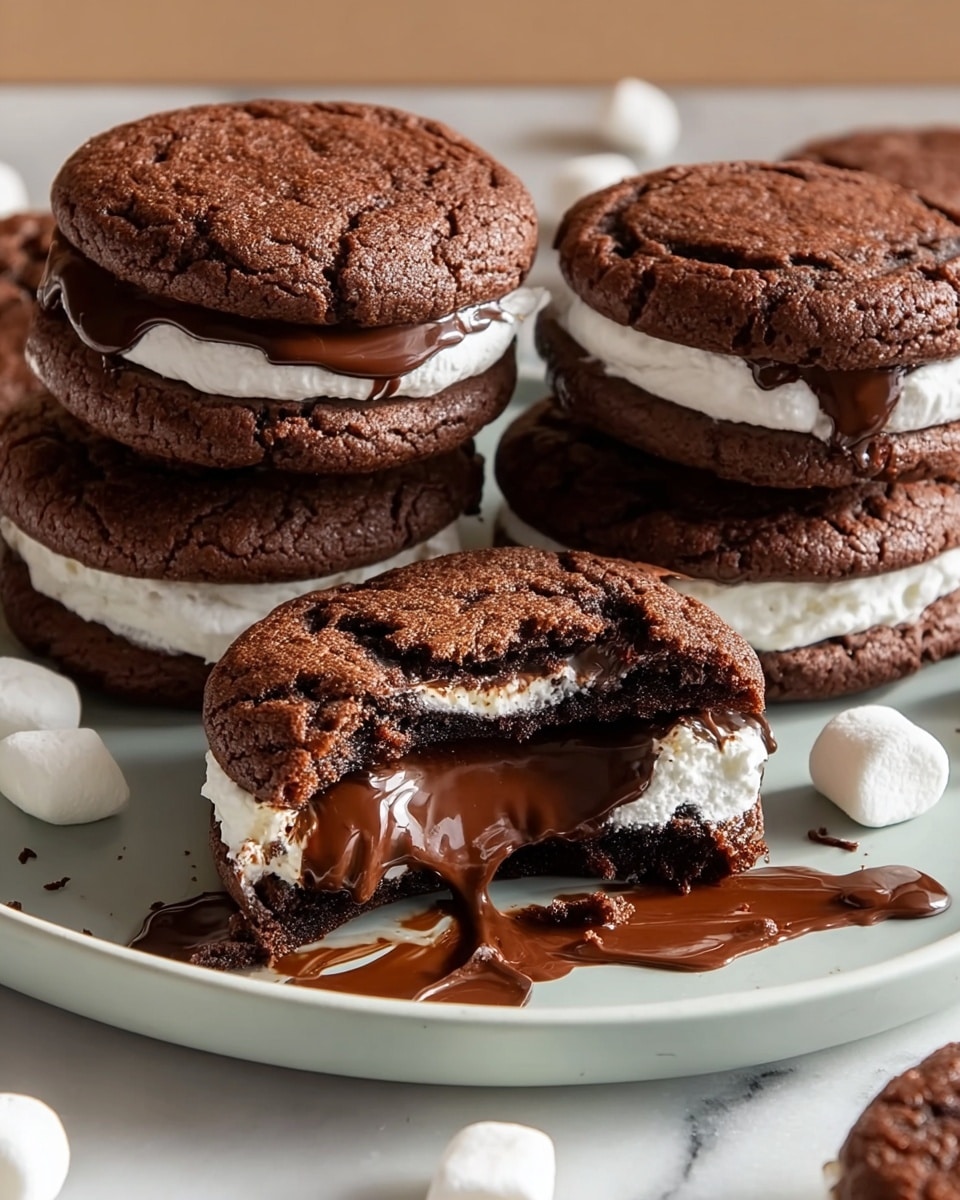 The image shows a plate with five chocolate cookie sandwiches, each made of two dark brown, cracked chocolate cookies with a thick white marshmallow layer in the middle. One cookie sandwich in the front is broken in half, revealing the marshmallow and melted chocolate oozing out from the inside, with some of the melted chocolate spilled artistically on the white plate. The plate sits on a white marbled surface, and there are a few white mini marshmallows scattered around it. The scene is well lit, highlighting the different textures of the crunchy cookies, smooth marshmallow, and glossy melted chocolate. photo taken with an iphone --ar 4:5 --v 7