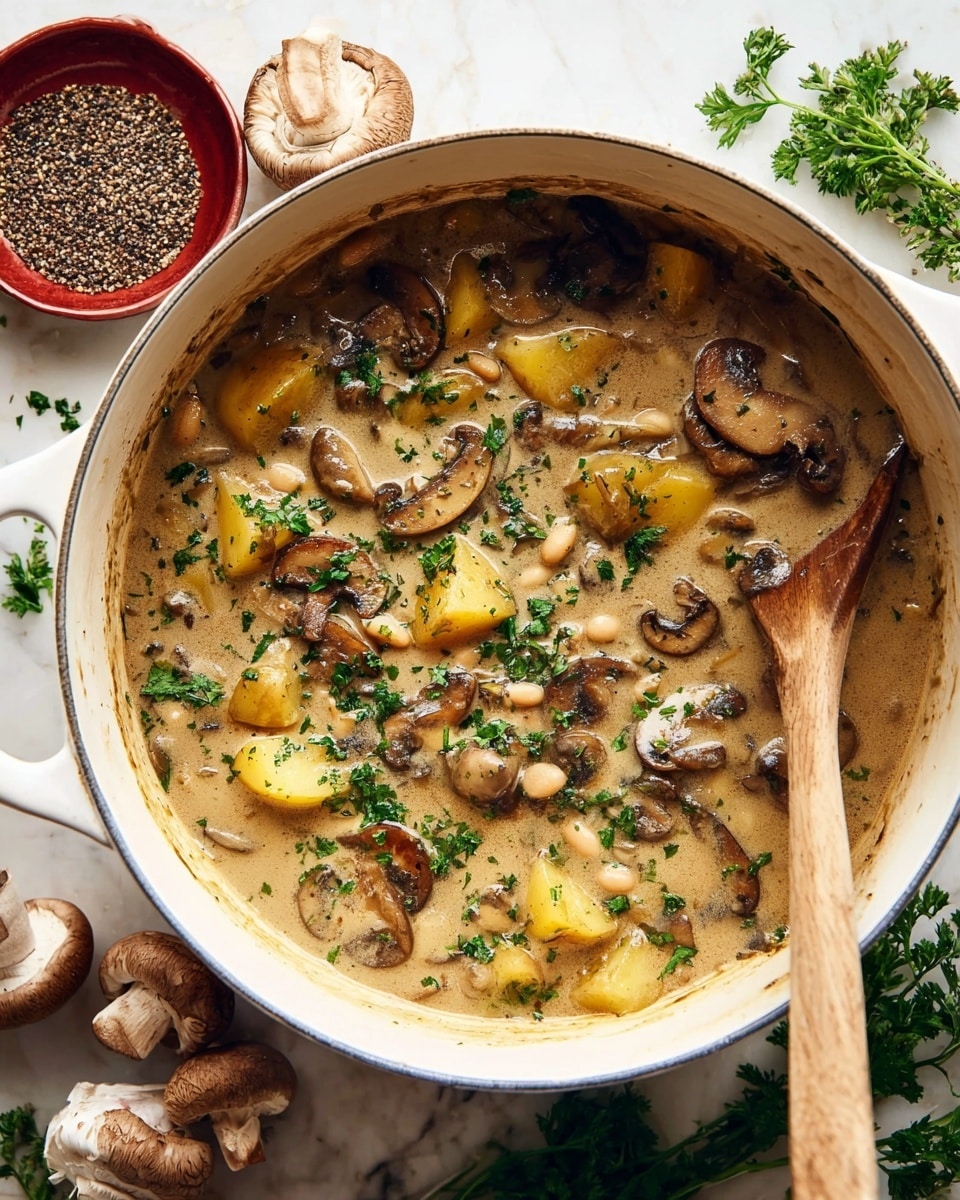 A close-up view of a silver fork holding a bite of creamy stew showing a light brown mushroom slice, white beans, and small bits of green herbs, all coated in a thick beige sauce with visible black pepper specks. In the blurry background, more mushroom slices and beans can be seen in a white bowl, resting on a white marbled surface. Photo taken with an iphone --ar 4:5 --v 7