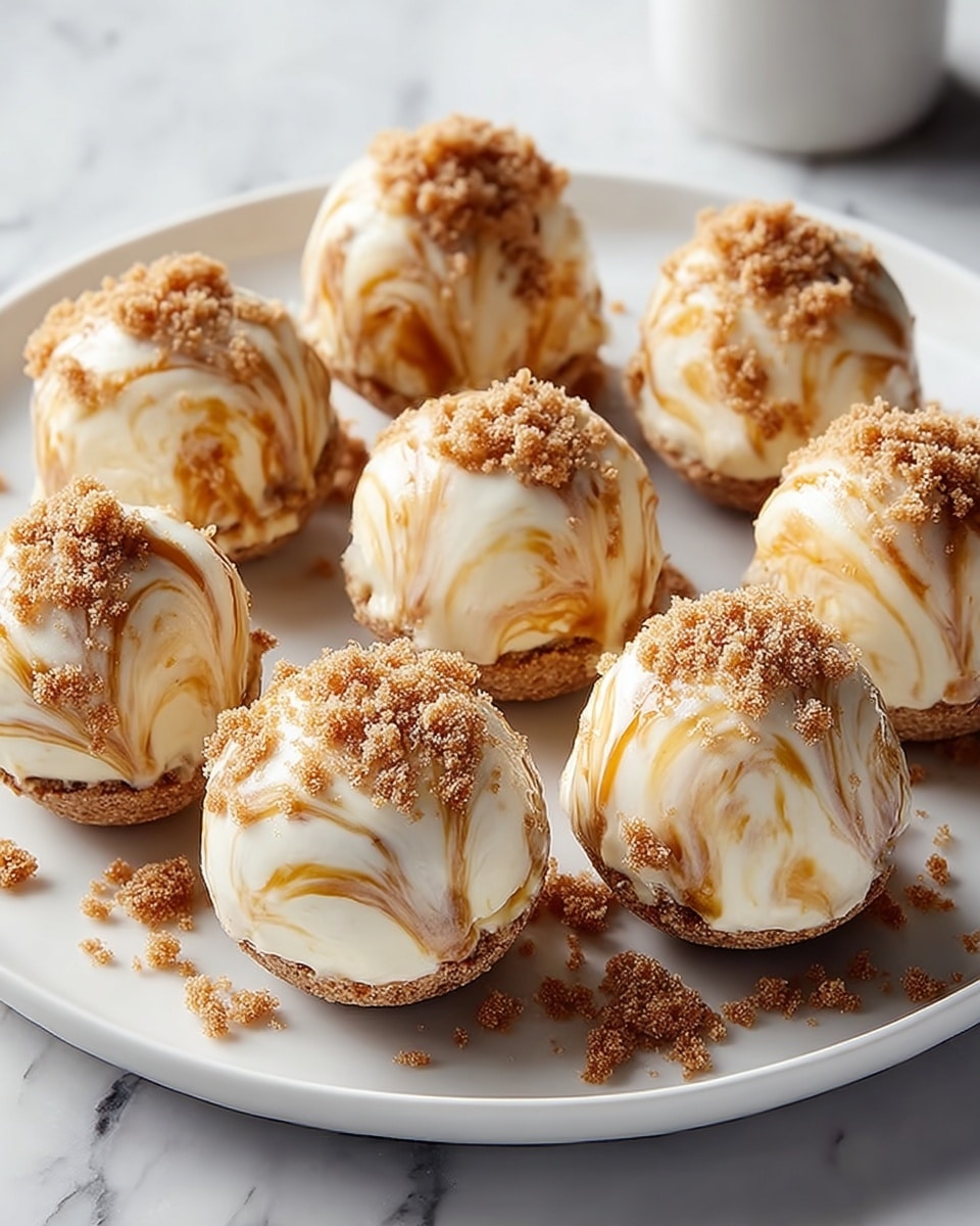 A white plate holds nine round dessert balls, each with three visible layers. The bottom layer is a crumbly, light brown crust that looks crunchy. Above that is a thick, smooth, white cream layer swirled with light caramel-colored streaks. The top of each ball is sprinkled with fine crumbs matching the crust's color. Some crumbs are scattered on the white plate around the balls. The plate is set on a white marbled surface. The photo taken with an iphone --ar 4:5 --v 7