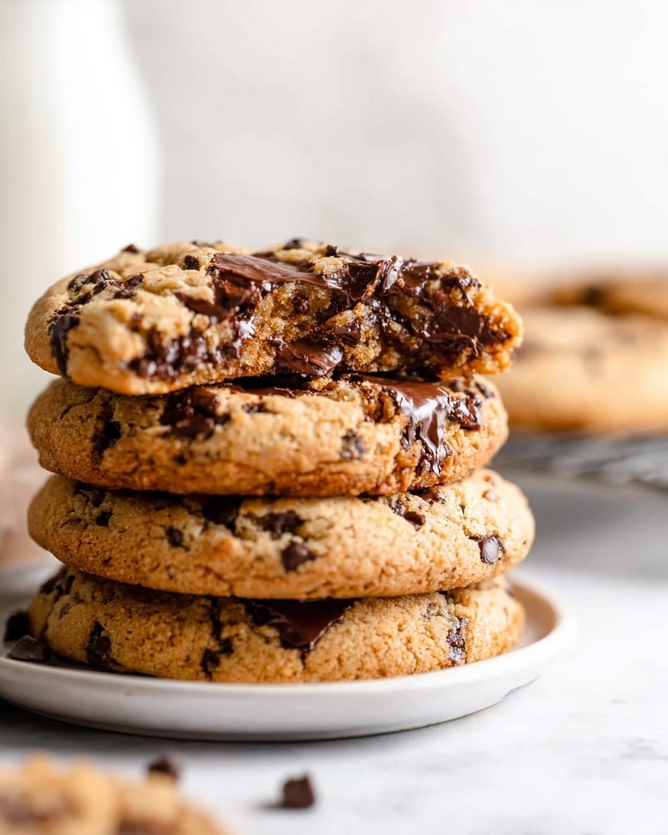 A close-up image of four thick round chocolate chip cookies stacked on a white plate placed on a white marbled surface, the top cookie is broken in half showing melted dark chocolate chunks inside, the cookies have a golden brown color with visible chocolate chips scattered on the surface, the texture looks soft and chewy, in the background there is a blurry white object giving a light airy feel, photo taken with an iphone --ar 4:5 --v 7