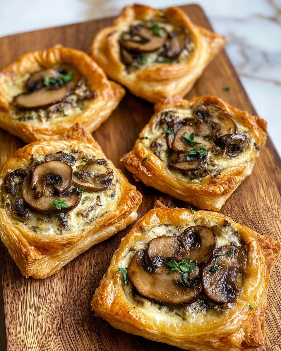 A close-up of a small tart with two layers: the bottom layer is a golden brown puff pastry crust with raised, folded edges, showing a crispy and slightly flaky texture; the top layer is a creamy mushroom mixture with visible slices of dark brown mushrooms and specks of green herbs, spread evenly inside the pastry shell. The tart sits on a wooden surface with a white marbled texture. photo taken with an iphone --ar 4:5 --v 7