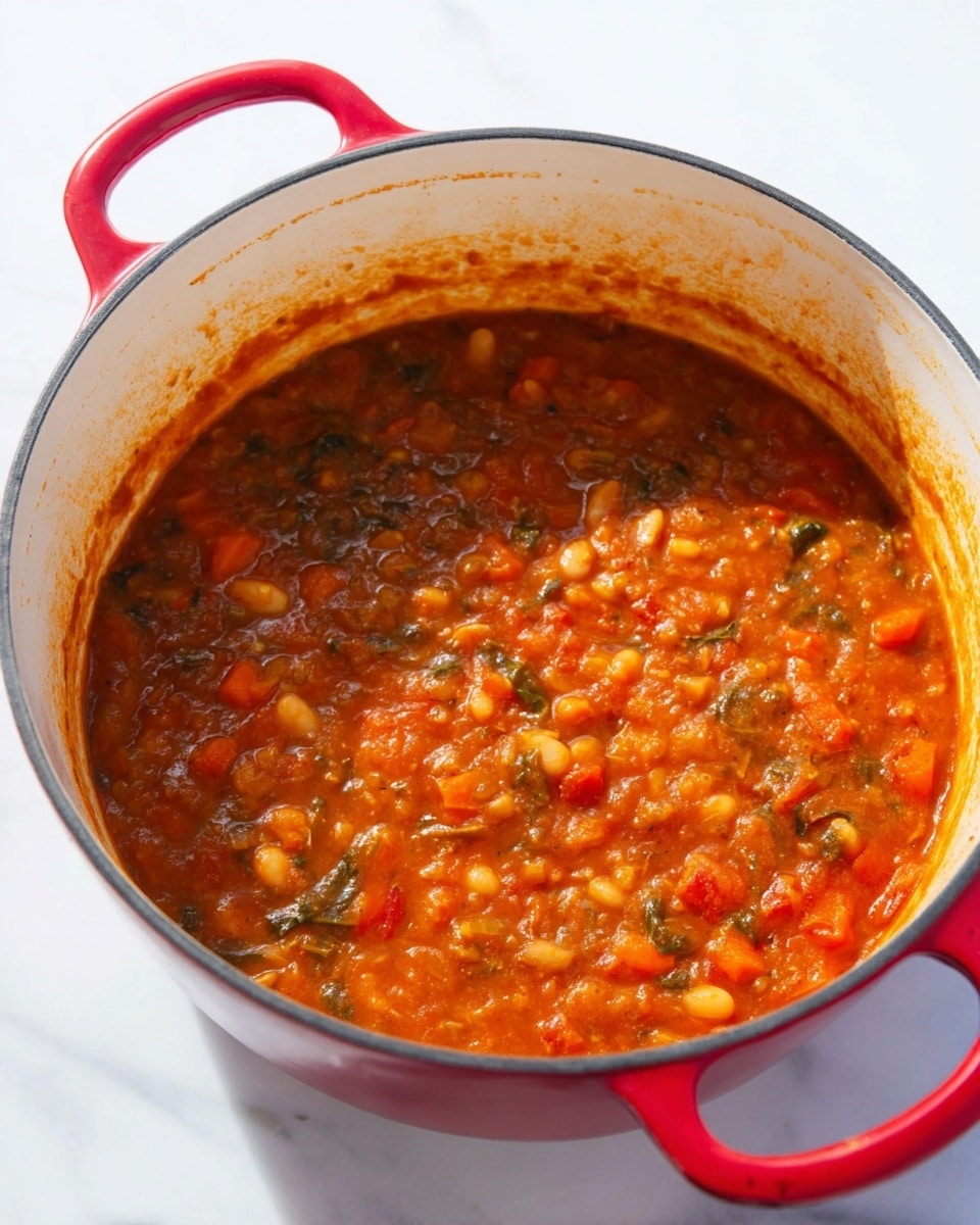 A large red pot with white inside filled with a thick stew made of orange and red tomato base, visible chunks of white beans, diced carrots, small green leafy pieces, and bits of onion, all mixed into a chunky and slightly liquid texture. The stew stains the sides of the pot, showing the cooking process. The pot is placed on a white marbled surface with bright, natural light highlighting the rich colors of the stew. photo taken with an iphone --ar 4:5 --v 7