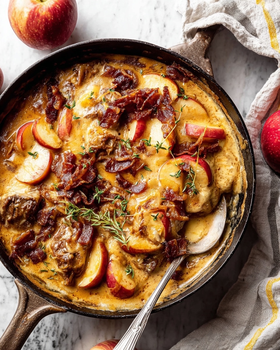 A cast iron pan filled with a rich, creamy golden sauce that partly covers browned pieces of meat and yellow potato slices. Scattered on top of the sauce and meat are crisped reddish-brown bacon strips and blush-colored apple slices. Fresh green herb sprigs rest gently on various spots, adding a touch of color. A silver spoon is partially submerged on the right side of the pan. The pan sits on a white marbled surface with a whole red apple piece and a glass of light amber liquid visible nearby. Photo taken with an iphone --ar 4:5 --v 7