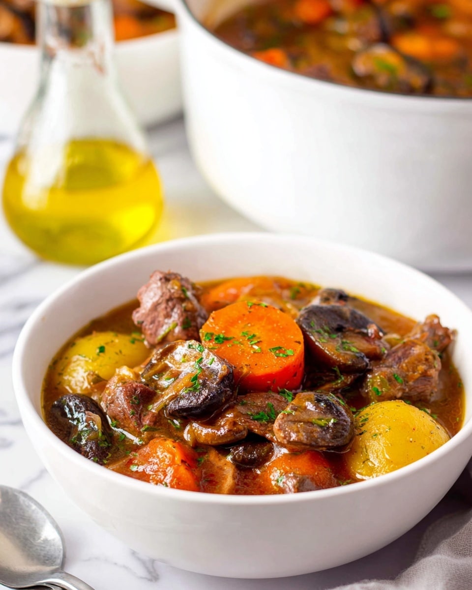 A white bowl filled with a stew showing three main layers: a thick brown broth base with visible herbs, large orange carrot slices, yellow potato chunks with skin, and dark brown mushroom pieces mixed with tender brown meat chunks, all topped with green parsley bits. In the background, there is a white pot and a clear glass bottle with golden oil on a white marbled surface. Photo taken with an iphone --ar 4:5 --v 7