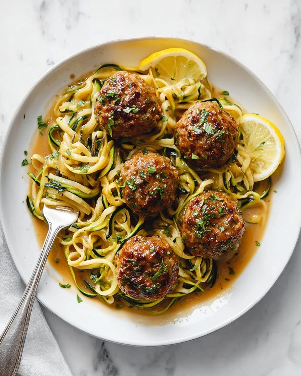 In a black pan with a wooden handle, there are two main layers: on the left side, about twelve round, golden-brown meatballs with a slightly shiny surface, speckled with chopped green herbs on top; on the right side, a mix of yellow and green spiral noodles, showing light sauce coating and small bits of herbs, topped with three thin lemon slices with visible seeds and a sprinkle of black pepper. The pan rests on a white marbled surface. photo taken with an iphone --ar 4:5 --v 7