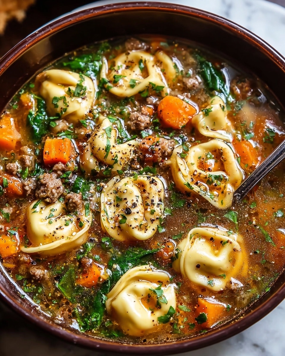 A white bowl filled with a rich soup showing four visible layers: the bottom layer is a light creamy broth with a slightly oily texture, the second layer has soft, yellow tortellini spread throughout, some topped with a light dusting of grated white cheese and black pepper; on top of this layer are vibrant green spinach leaves, partially wilted and mixed with small chunks of brown, cooked ground meat and pieces of bright red tomato. A silver spoon is partially dipped into the soup on the right side of the bowl. The bowl is placed on a white marbled surface. Photo taken with an iphone --ar 4:5 --v 7
