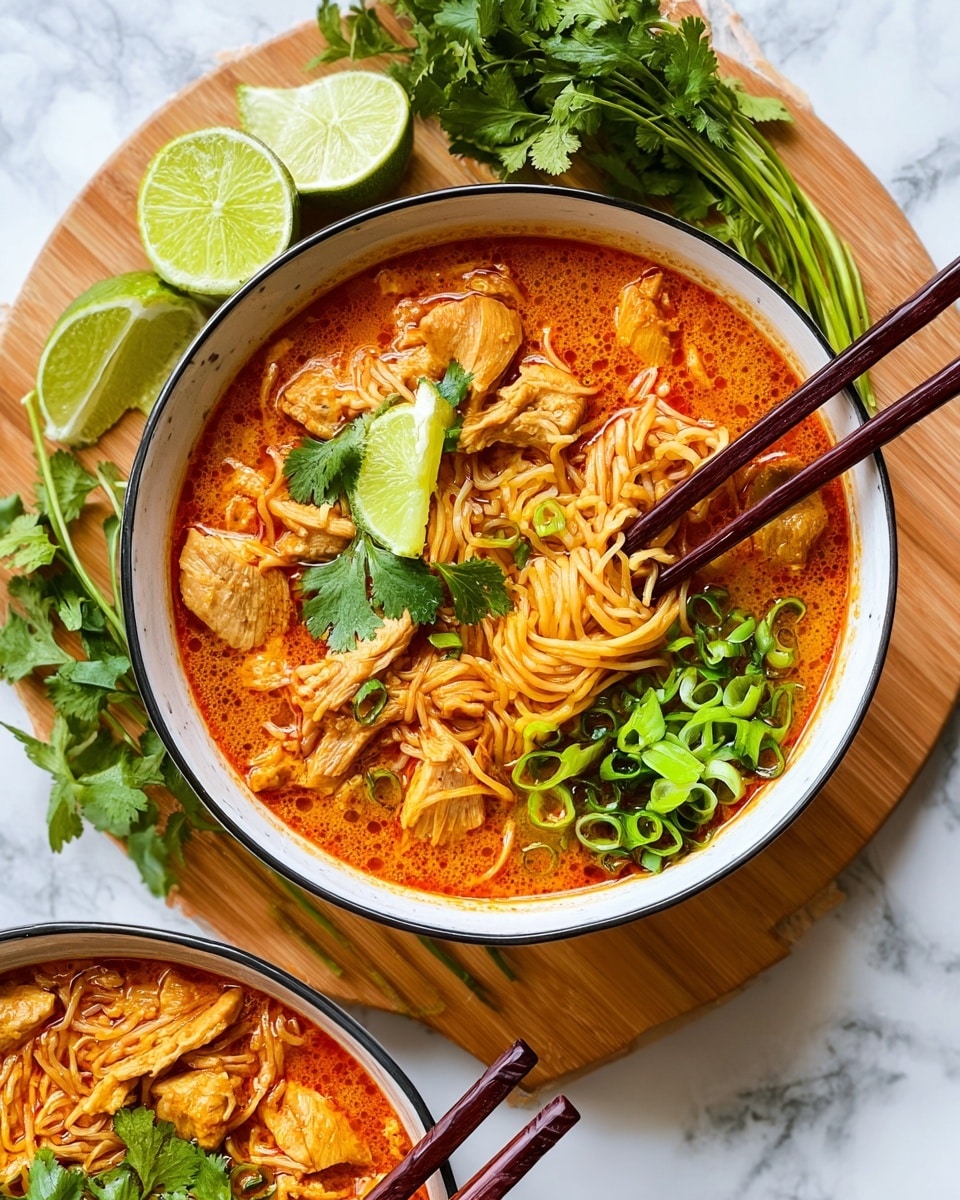 A black cast iron pot filled with a rich, orange-red noodle soup with visible layers of thin noodles mixed with chunks of light-colored cooked meat, small red bell pepper pieces, and green herbs. Fresh cilantro leaves sit on top as a garnish. The pot is placed on a white marbled surface. To the top left, there is a wooden board with quarters of yellow and green lime pieces and fresh green cilantro bunches. Below the pot, a white plate holds a pair of brown chopsticks resting diagonally. Photo taken with an iphone --ar 4:5 --v 7