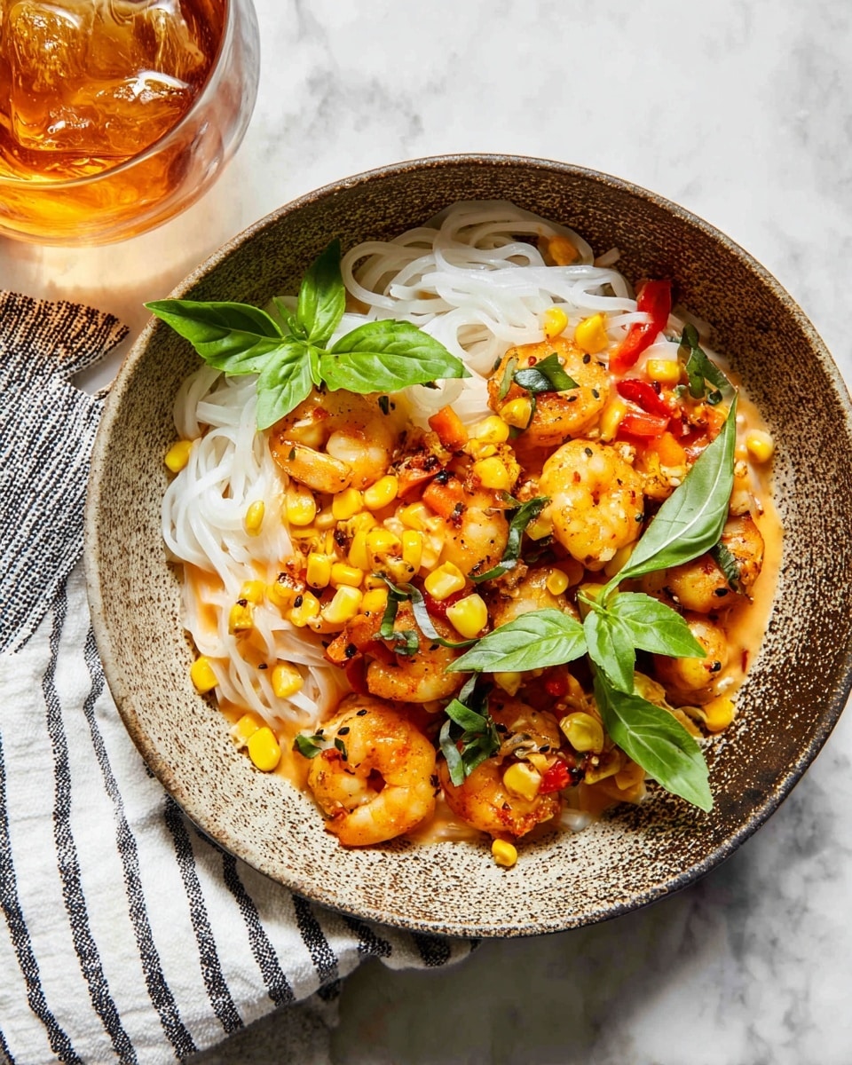 A bowl with speckled brown and white texture holds a dish with three main layers: the bottom layer is white rice noodles arranged loosely, topped with a colorful mix of roasted shrimp that are golden and slightly charred, bright yellow corn kernels, small pieces of red bell pepper, and fresh green basil leaves scattered on top; the shrimp and vegetables are covered in a light orange sauce that adds a creamy touch. The bowl is on a white marbled surface, next to a glass of amber-colored drink and a white cloth with black stripes. photo taken with an iphone --ar 4:5 --v 7